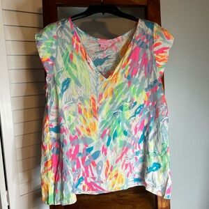 Lilly Pulitzer Pink and Green Flutter Sleeve Blouse